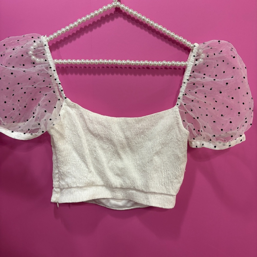 Zara White Cropped Top with Polka Dot Sheer Puff Sleeves - Picture 4 of 4